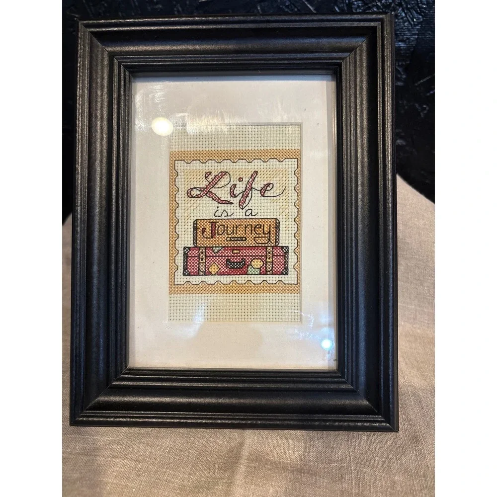 Life is a Journey Cross Stitch Framed Art Travel Suitcase Wall Decor Black 6x8